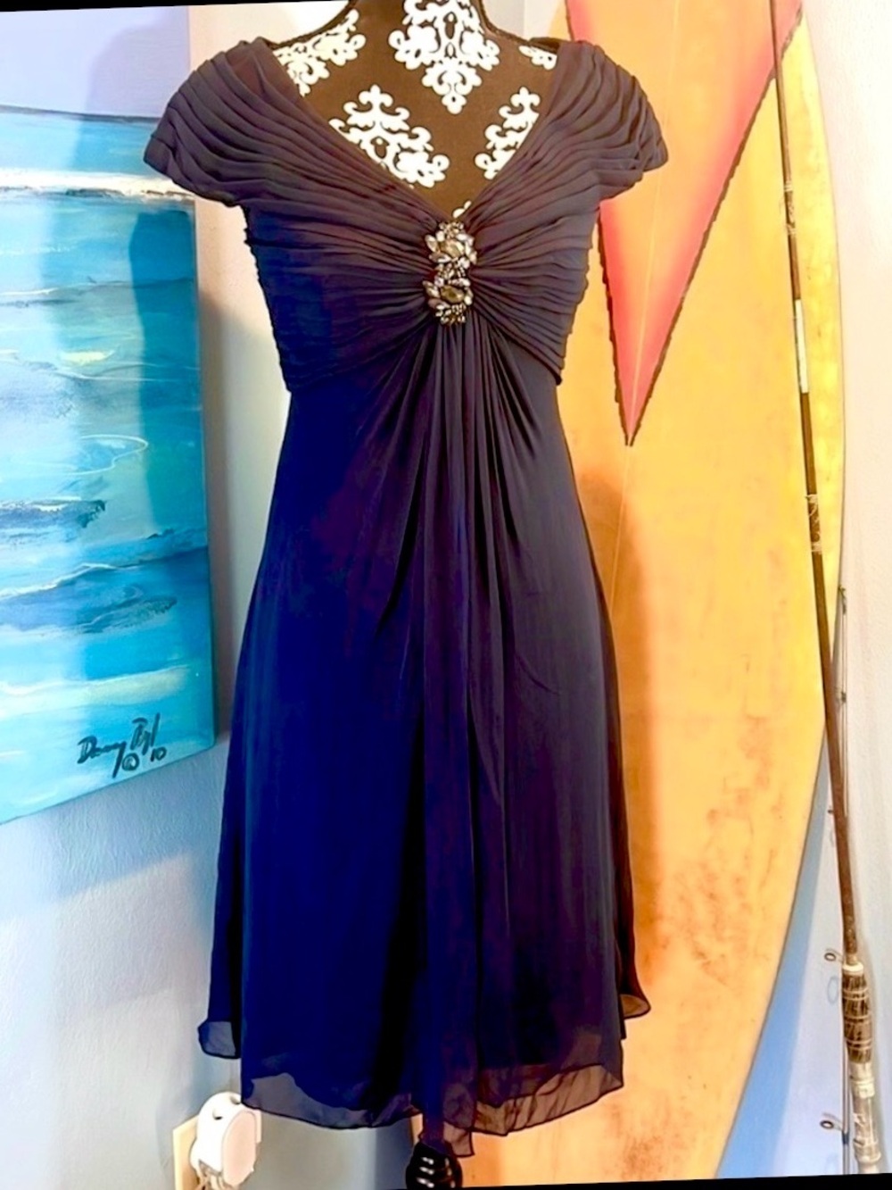 Tadashi Shoji, Royal Navy Ruched Chiffon Beaded Cocktail Dress EUC, Size 4P - Picture 2 of 9